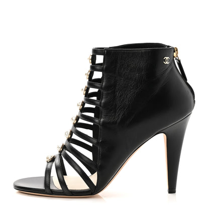 Chanel Lambskin Pearl Open Toe Caged Ankle Boots 39 Black 1 of 10