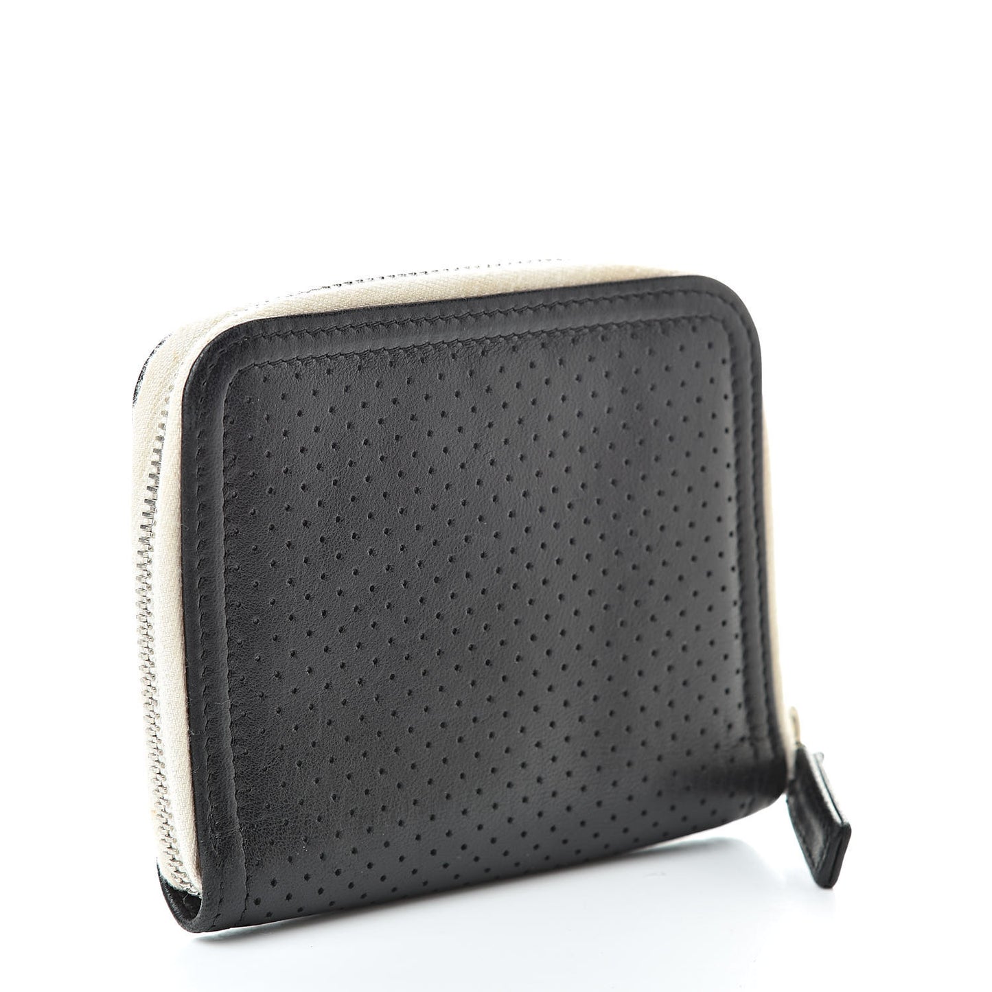Calfskin Perforated Timeless Compact Zip Wallet Black White
