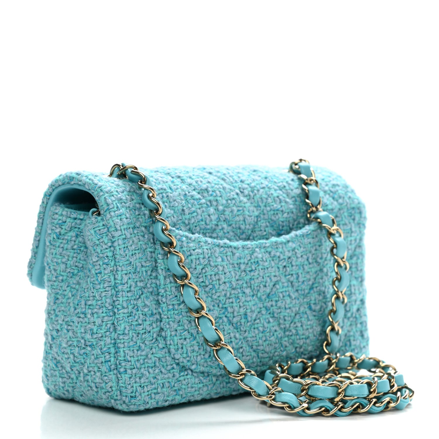 Chanel Wool Tweed Quilted Mini Rectangular Flap Turquoise Light Blue 3 of 8