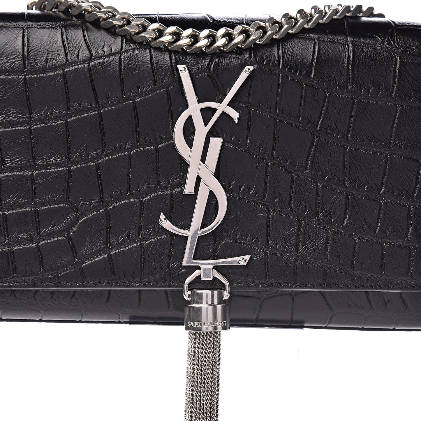 Calfskin Crocodile Embossed Monogram Small Kate Tassel Satchel Black