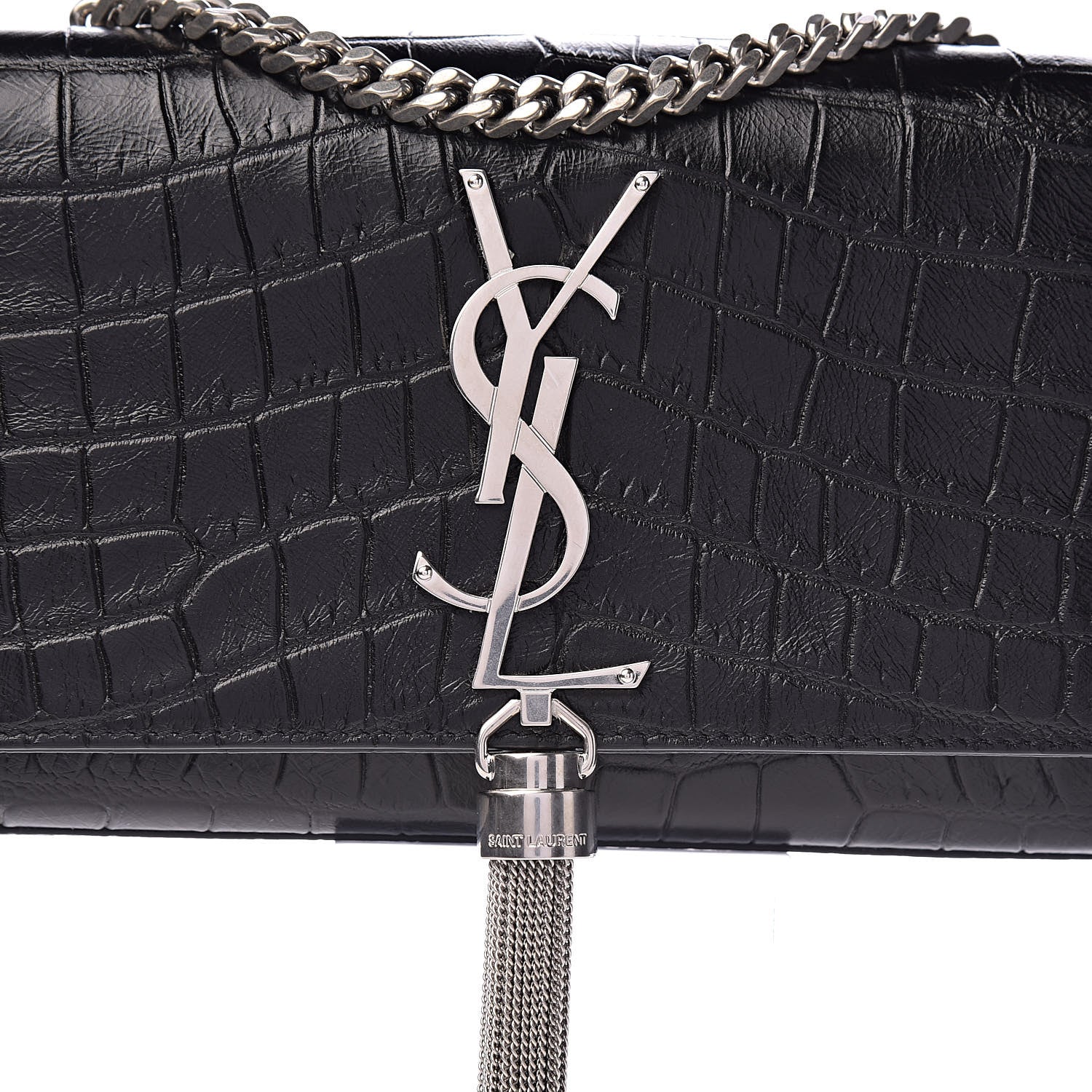 Saint Laurent Calfskin Crocodile Embossed Monogram Small Kate Tassel Satchel Black 10 of 10