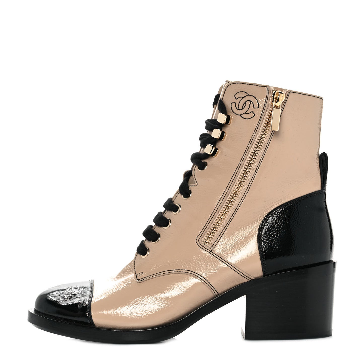 Patent Calfskin CC Lace Up Short Boots 39.5 Beige Black