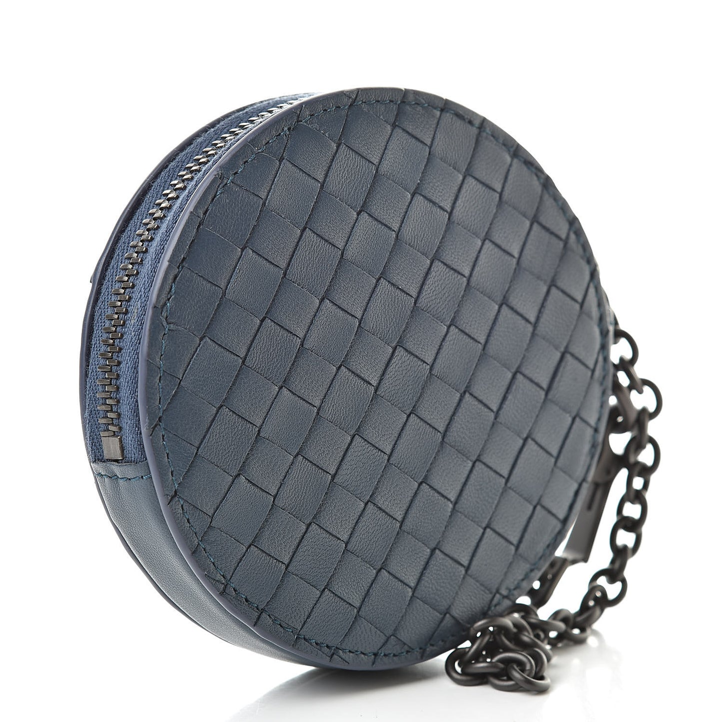 Nappa Intrecciato Round Coin Pouch Key Ring Denim