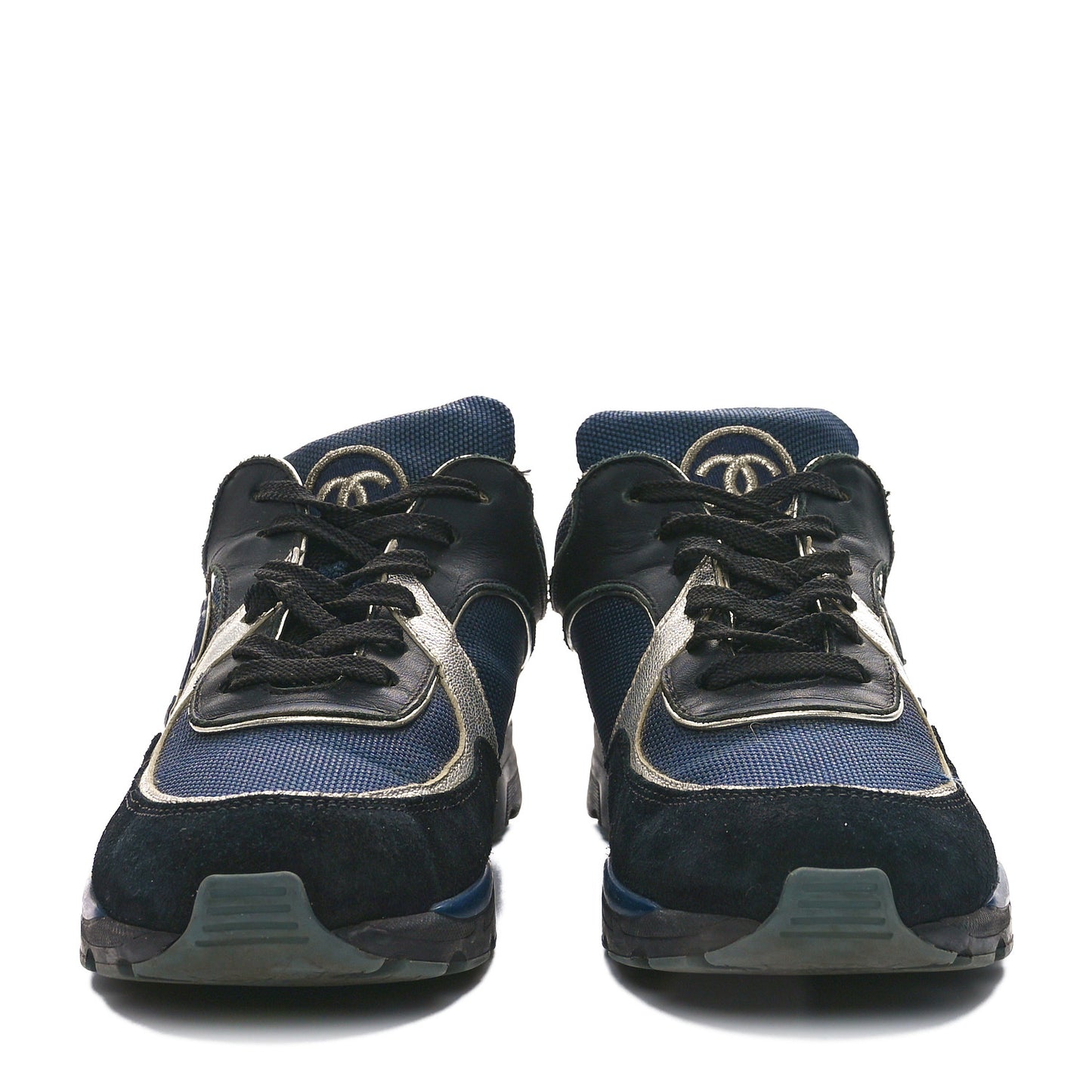 Mesh Suede Calfskin Womens CC Sneakers 36 Dark Blue Black Silver