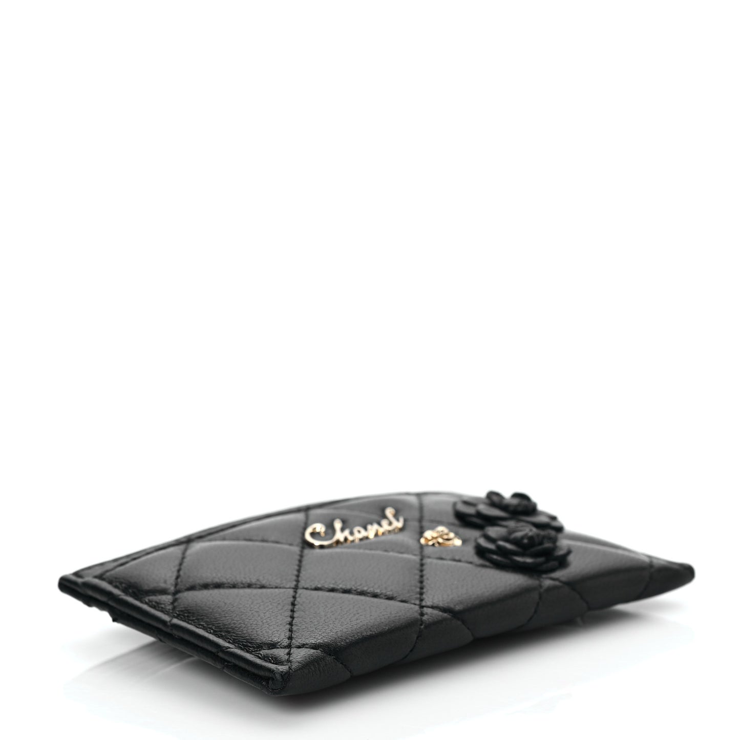 Lambskin Quilted Camellia Card Holder Black