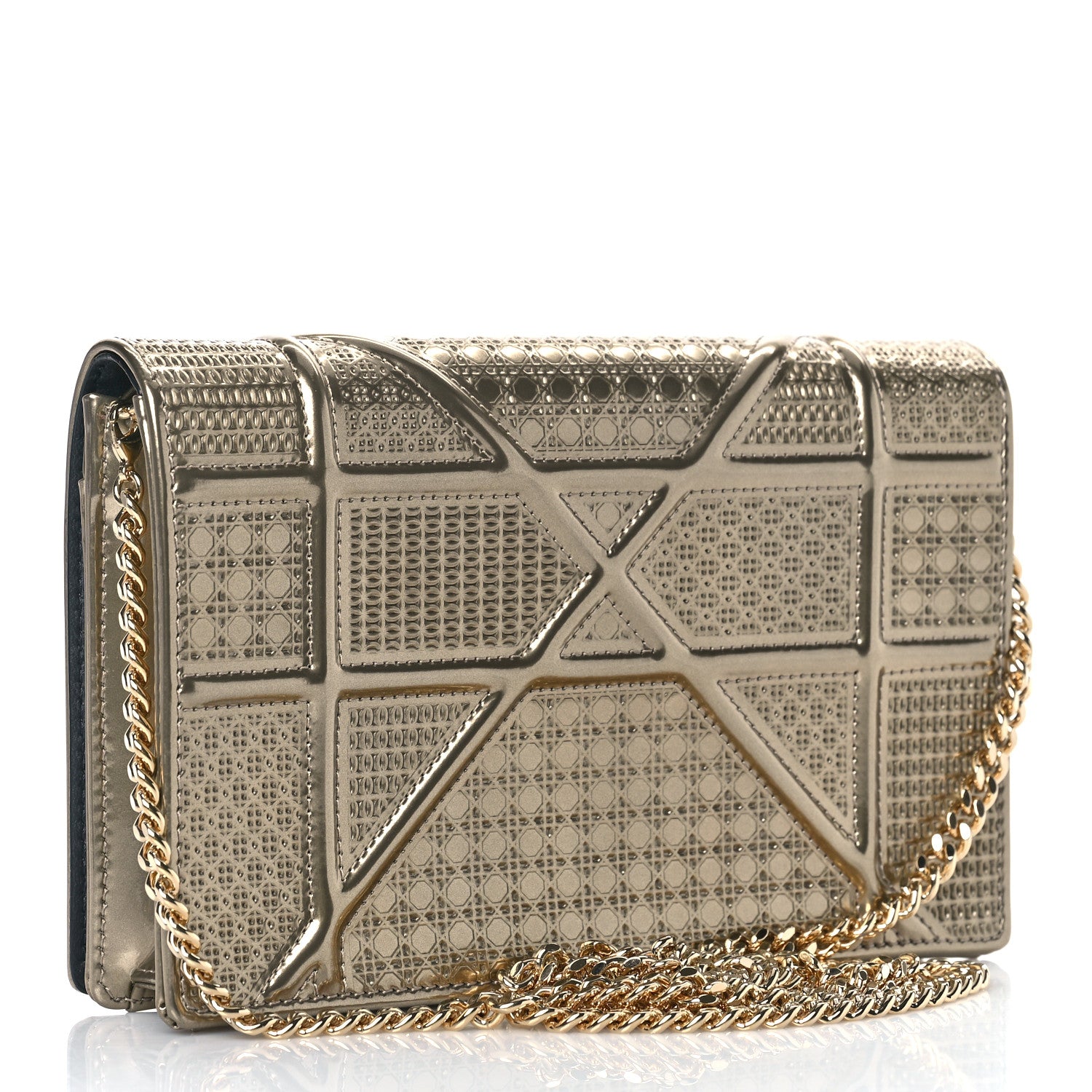 Christian Dior Metallic Patent Micro-Cannage Diorama Wallet on Chain Pouch Gold 3 of 9