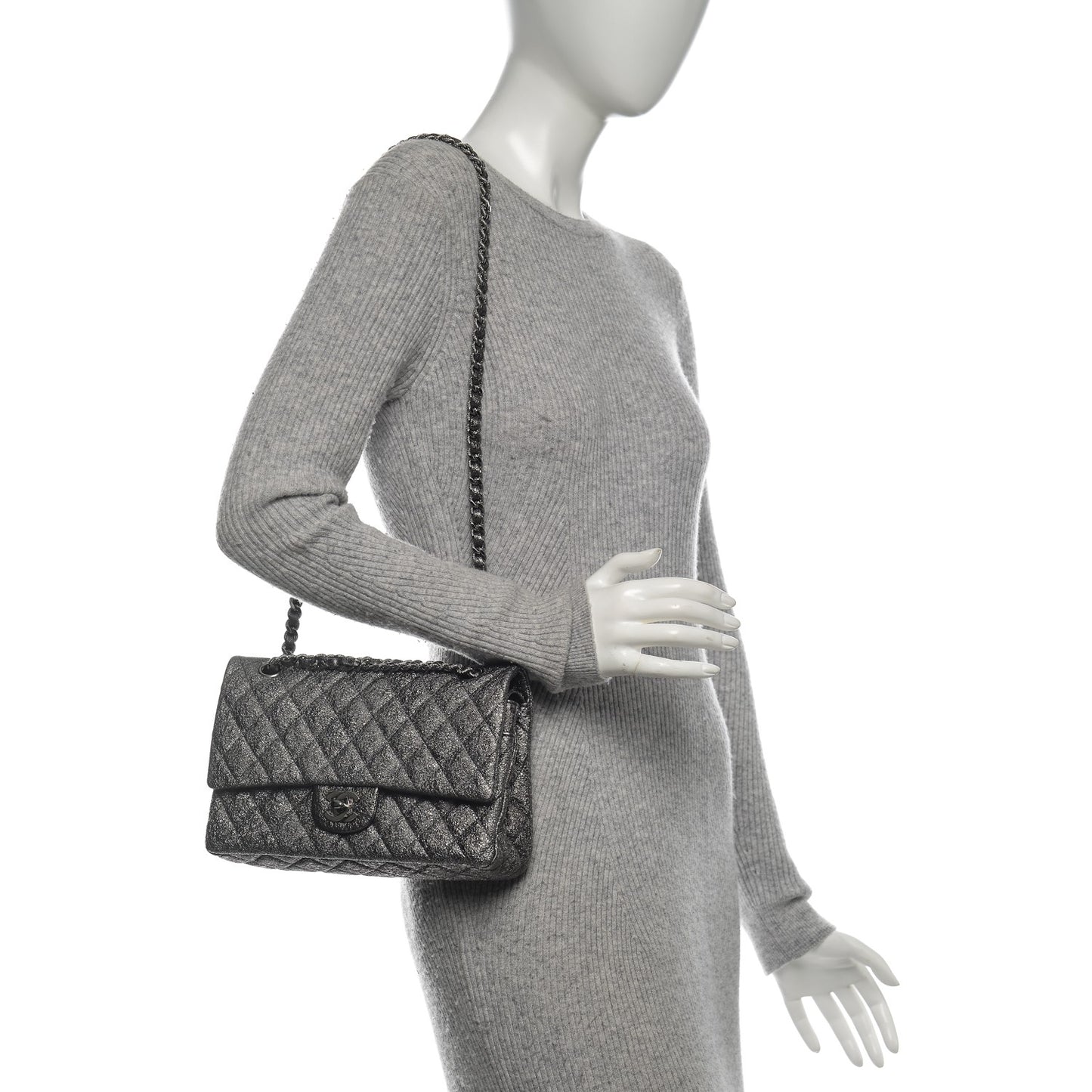 Metallic Crackled Calfskin Medium Double Flap Argent Fonce