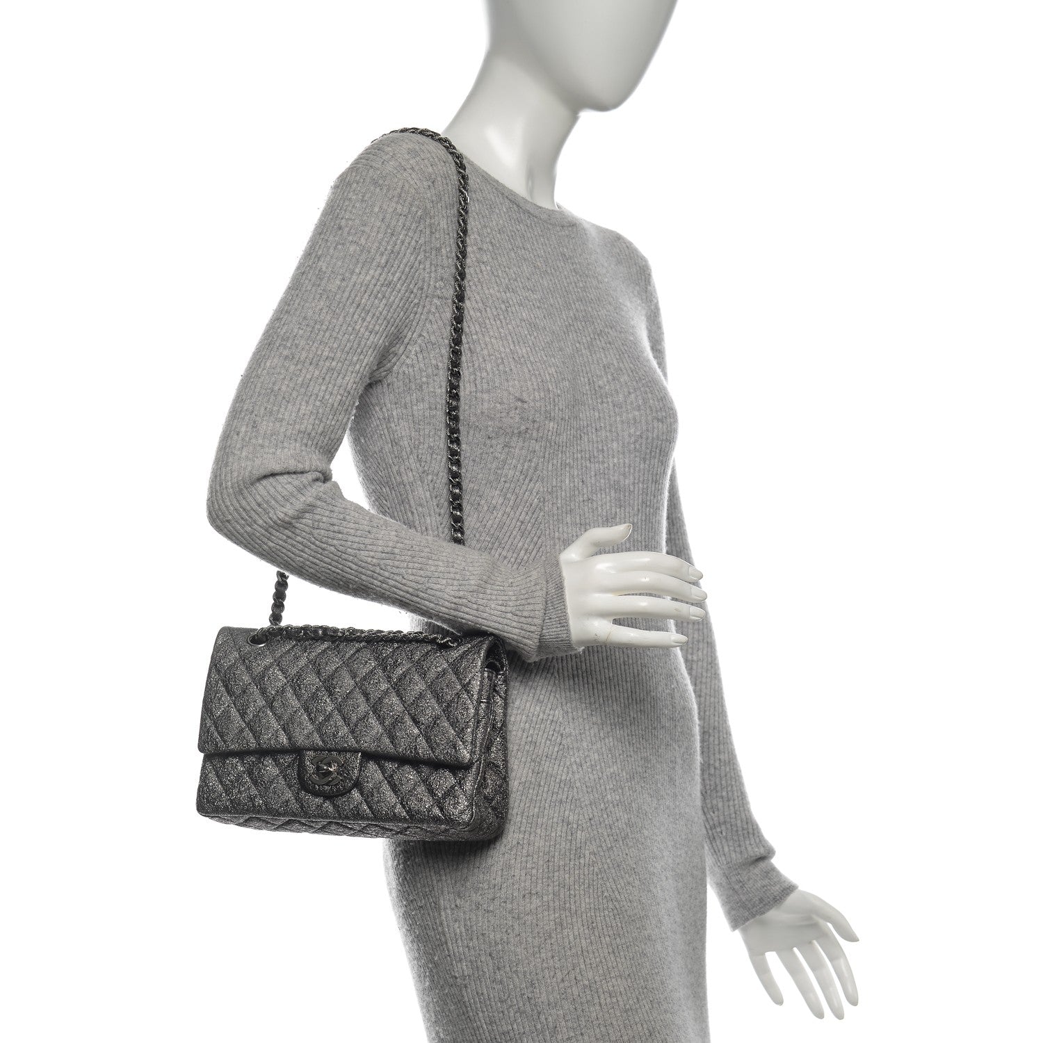 Chanel Metallic Crackled Calfskin Medium Double Flap Argent Fonce 2 of 8