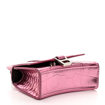 Balenciaga Metallic Calfskin Crocodile Embossed Hourglass Top Handle Bag Mini with Chain Pink 4 of 9