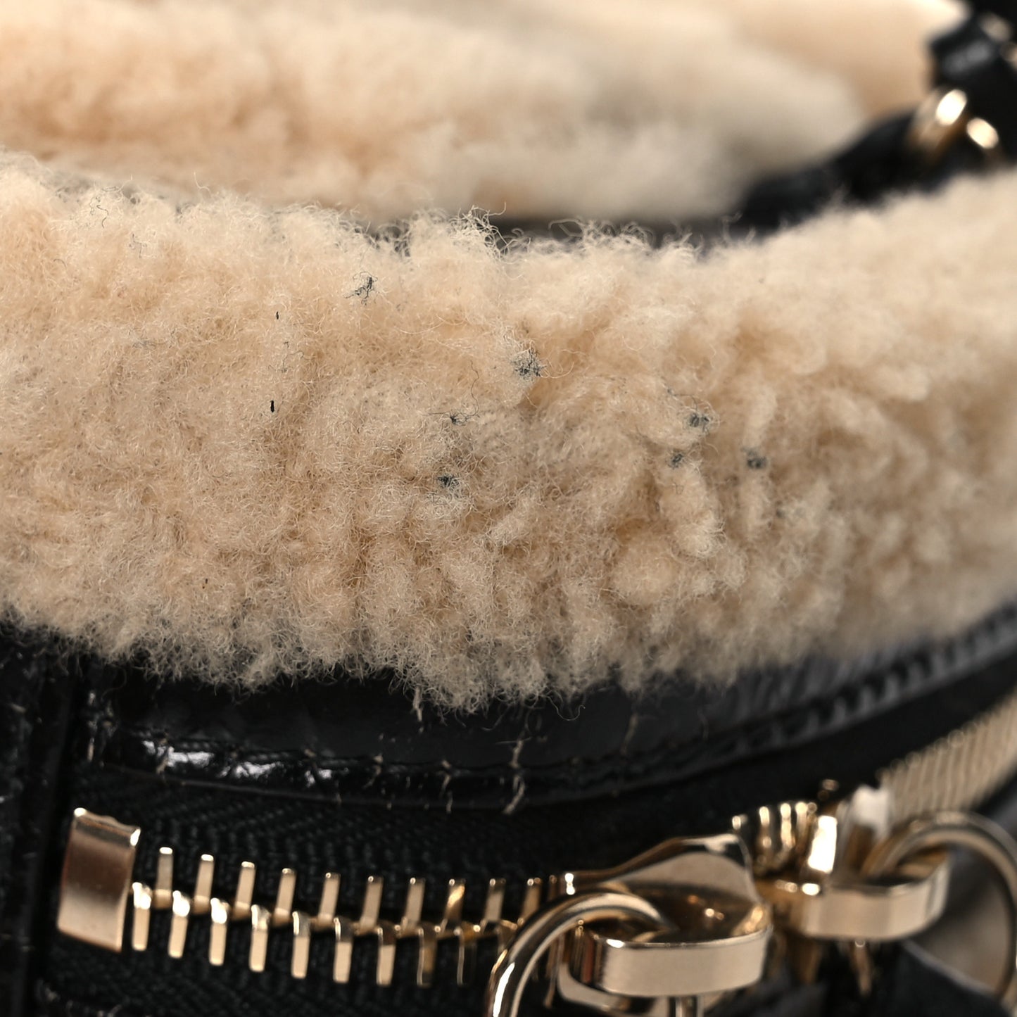 Shiny Crumpled Sheepskin Shearling Waist Bag Black Beige