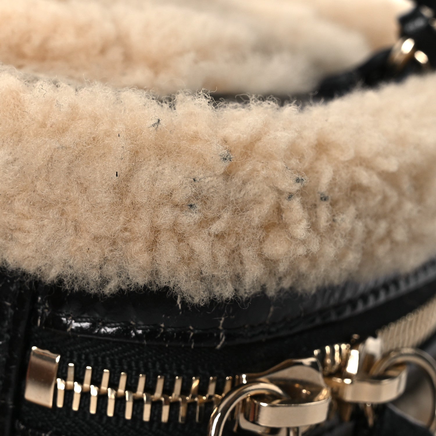 Chanel Shiny Crumpled Sheepskin Shearling Waist Bag Black Beige 11 of 12