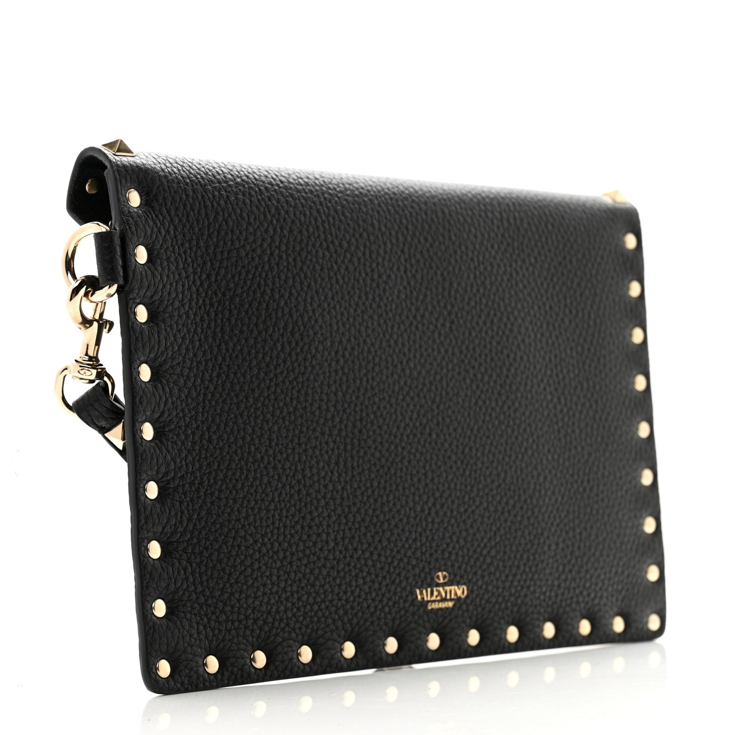 Pebbled Calfskin Medium Rockstud Envelope Flat Wristlet Pouch Black