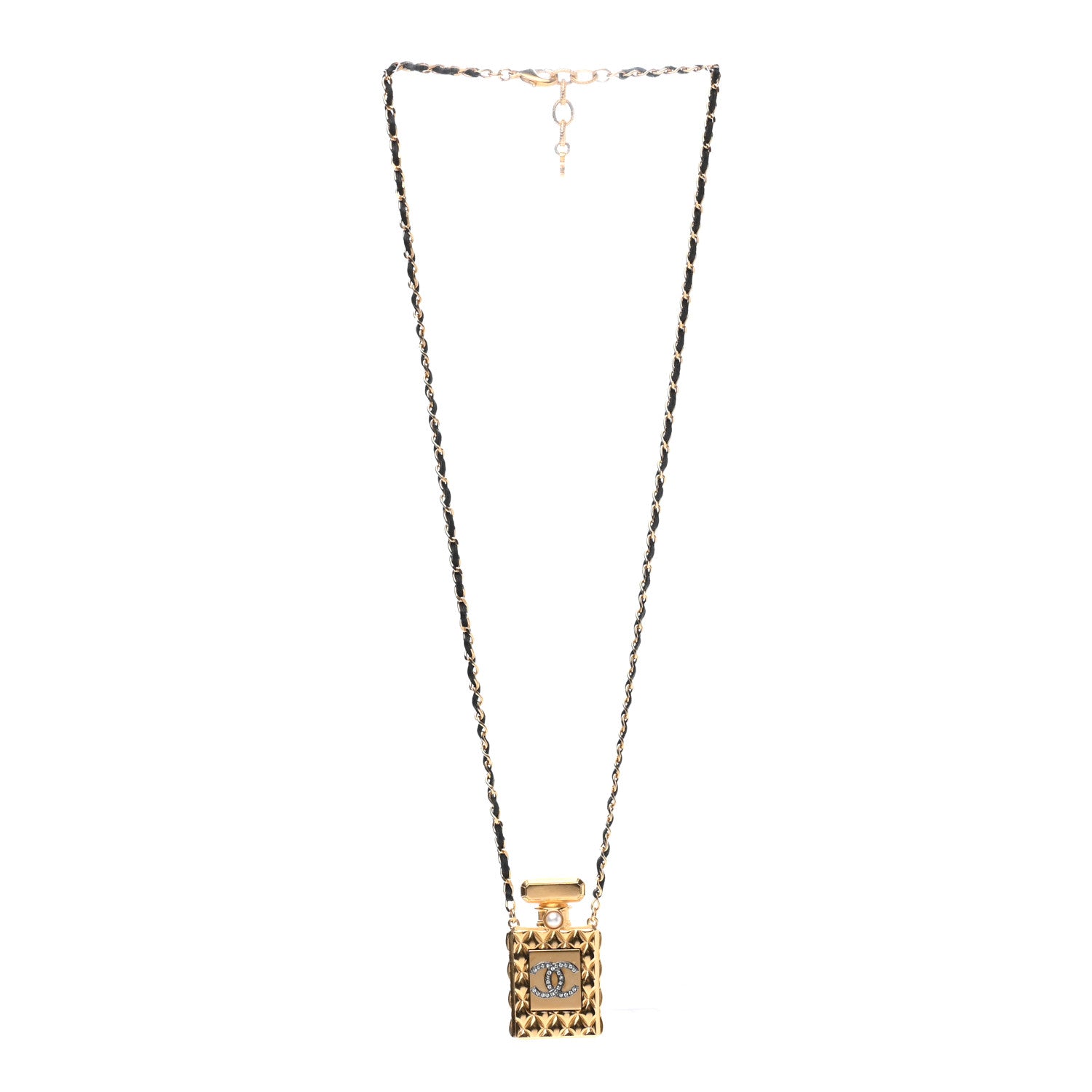 Chanel Crystal Pearl Perfume Bottle CC Necklace Black Gold 3 of 7