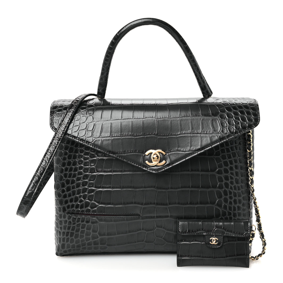 Chanel Calfskin Crocodile Embossed Fifth Avenue Maxi Flap Top Handle Bag Dark Grey 3 of 12