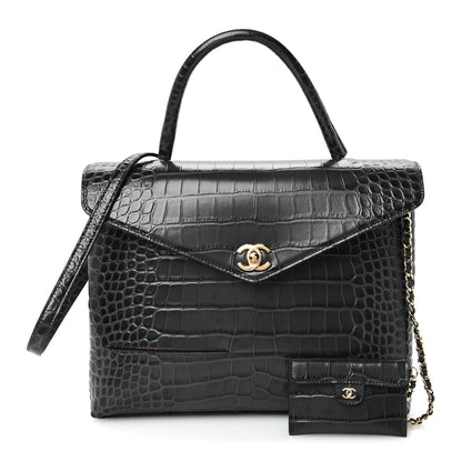 Chanel Calfskin Crocodile Embossed Fifth Avenue Maxi Flap Top Handle Bag Dark Grey 3 of 12