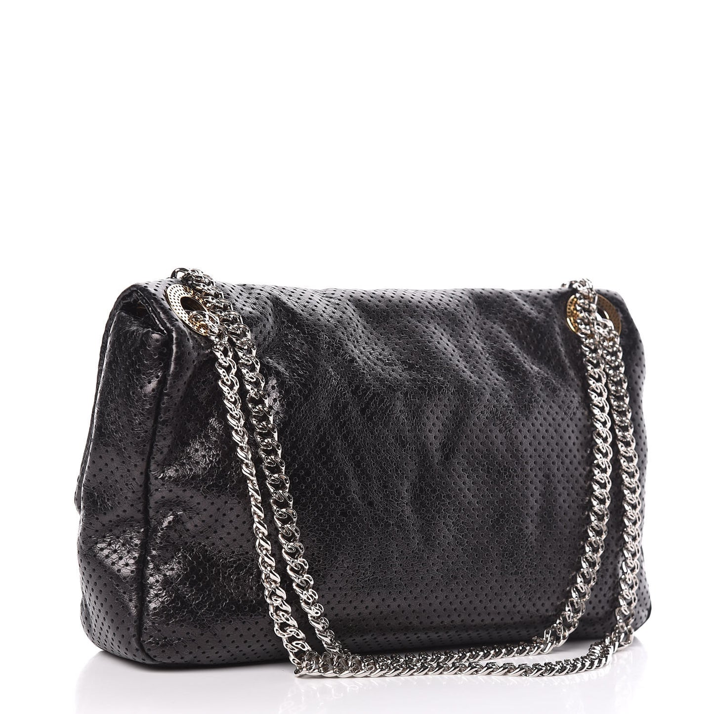 Metallic Crackled Calfskin Large Perforated Drill Flap Black