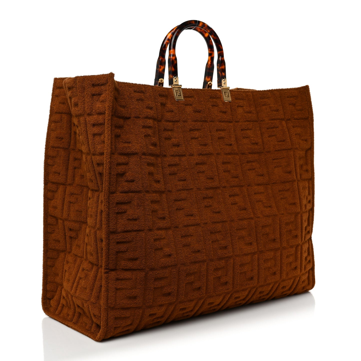 Terrycloth Plexiglass FF Embossed XL Fendi Sunshine Shopper Tote Caramel