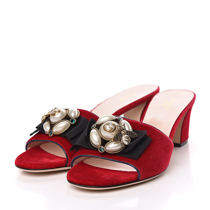 Gucci Velvet Pearl Embellished Slide Sandals 40.5 Hibiscus Red 3 of 9
