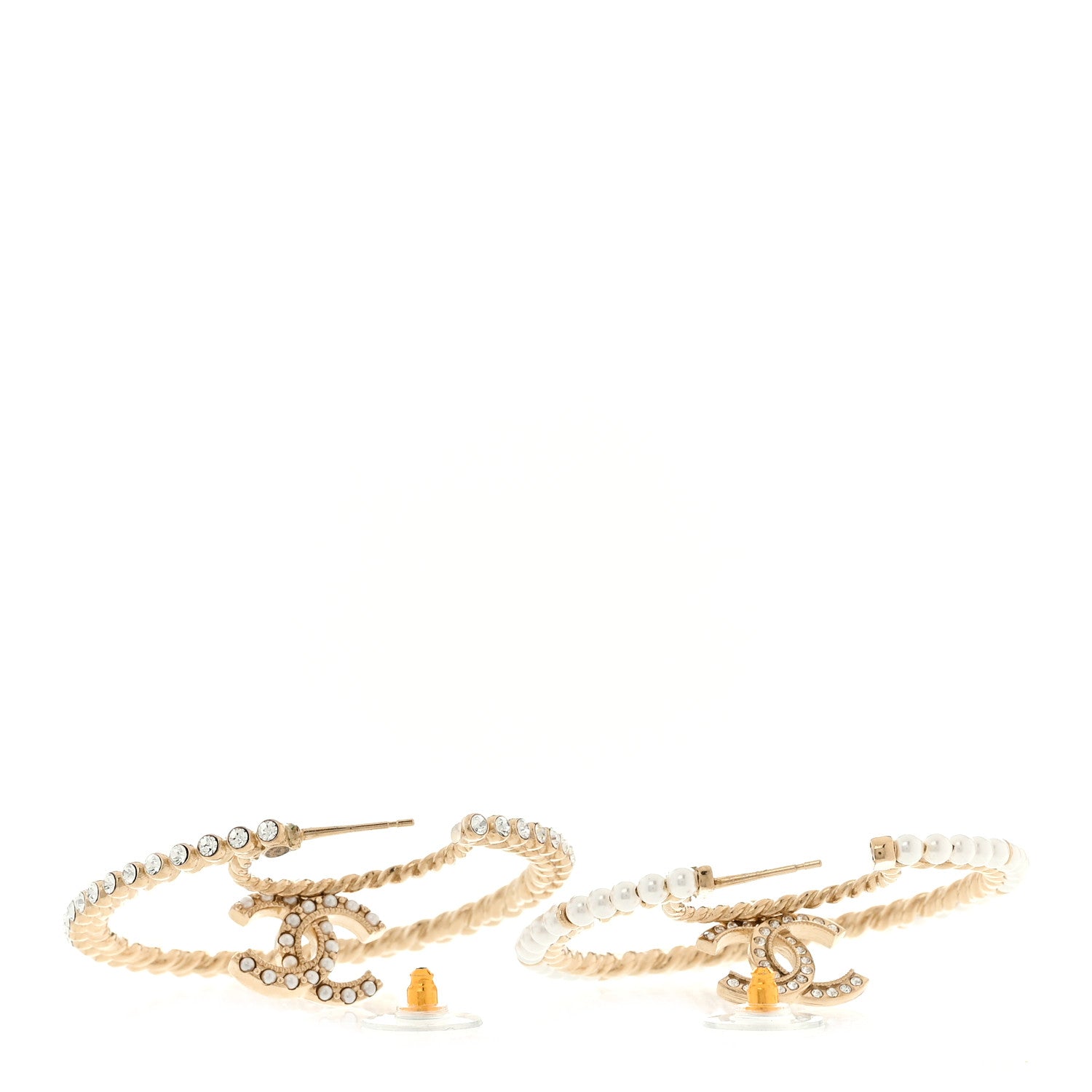 Chanel Crystal Pearl CC Drop Hoop Earrings Gold Pearly White 4 of 5