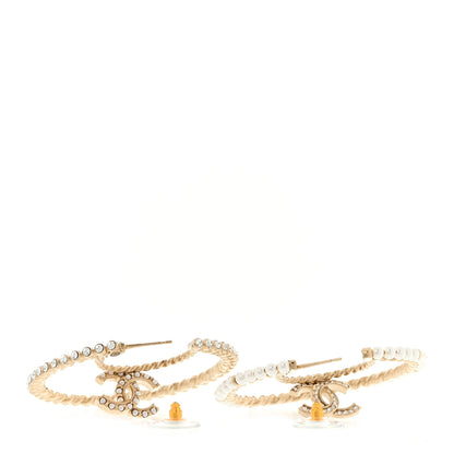 Chanel Crystal Pearl CC Drop Hoop Earrings Gold Pearly White 4 of 5