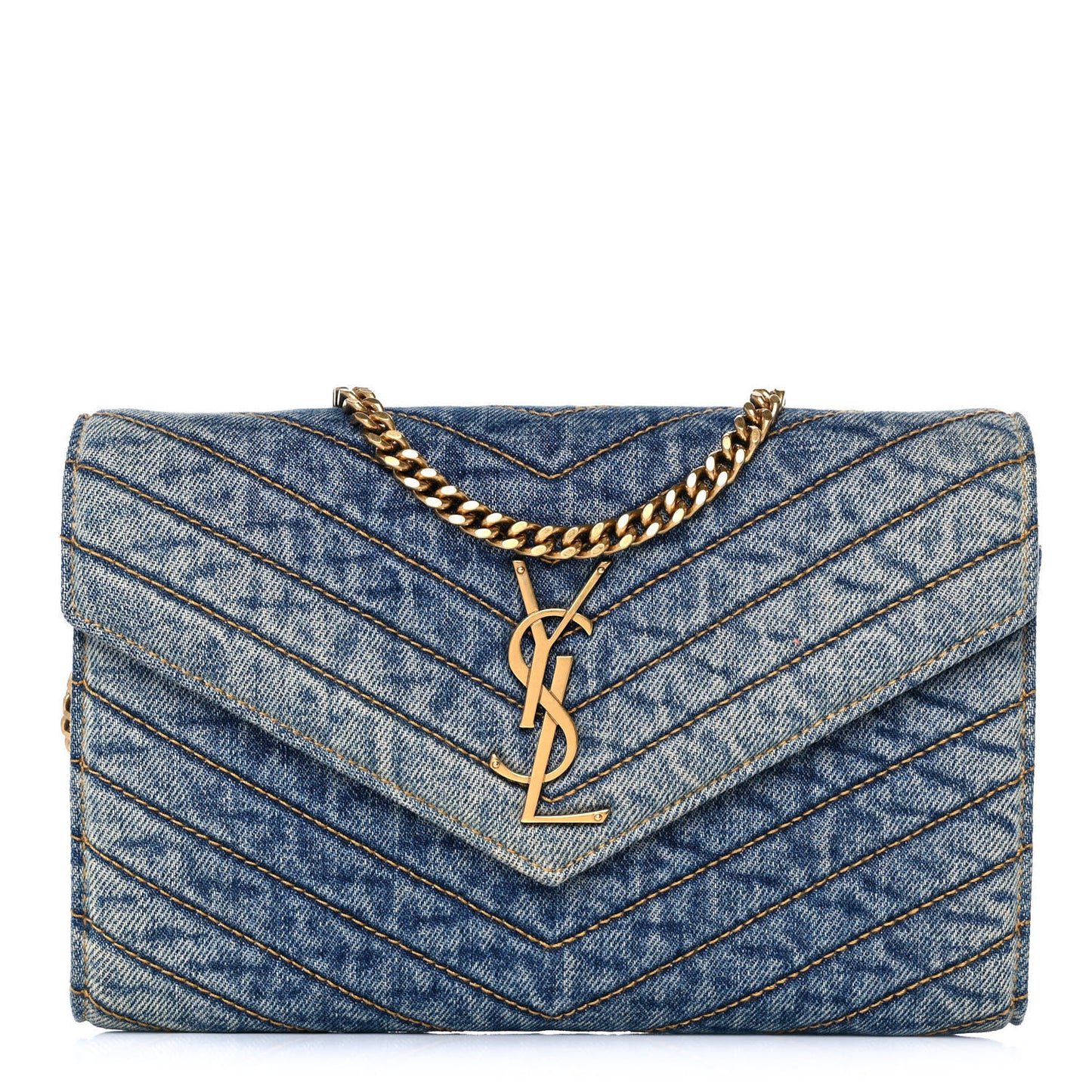 Denim Matelasse Chevron Monogram Chain Wallet Blue Jeans