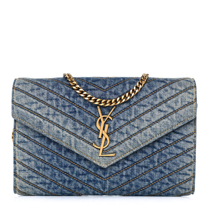 Saint Laurent Denim Matelasse Chevron Monogram Chain Wallet Blue Jeans 1 of 11