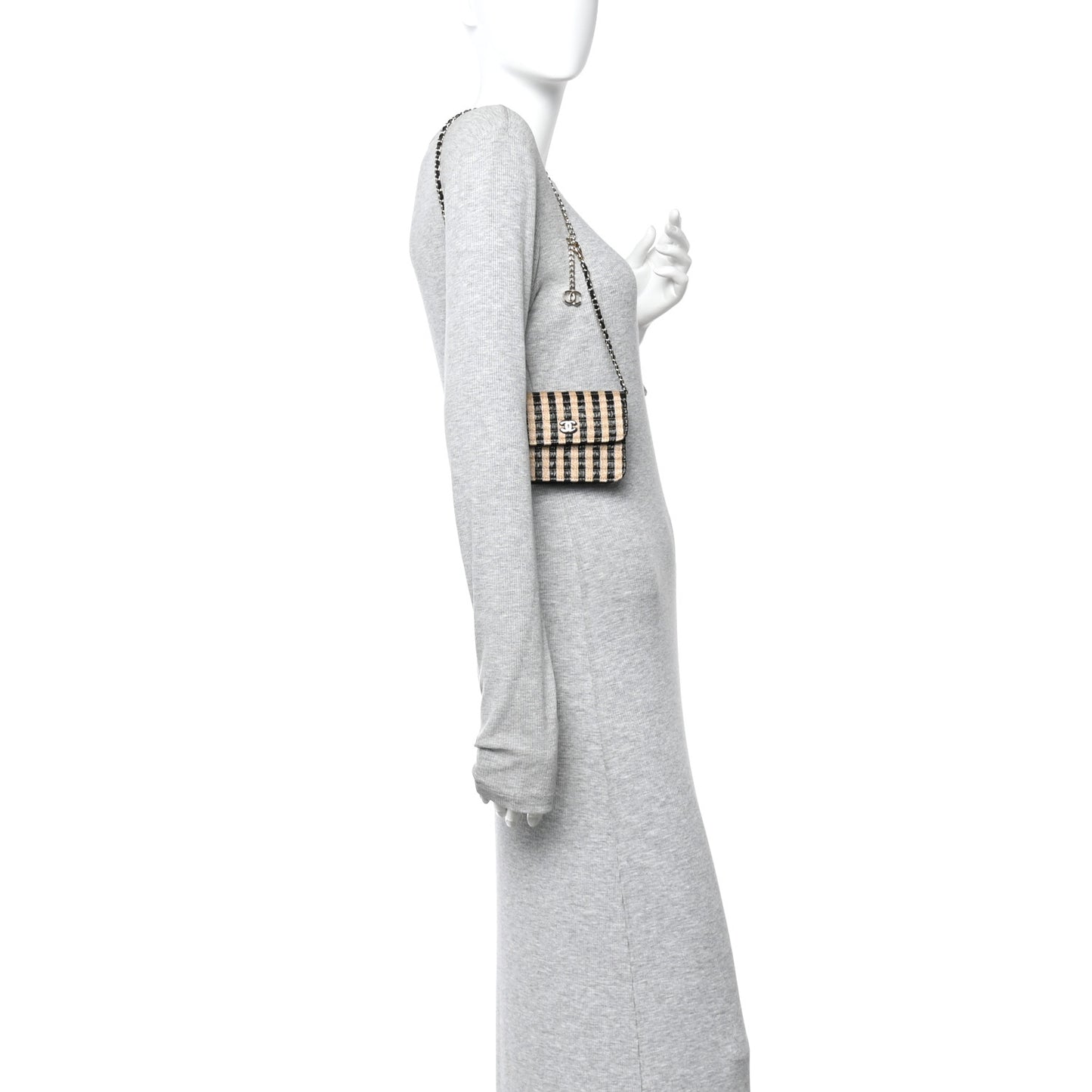 Raffia Jute Striped Belt Bag Black Beige