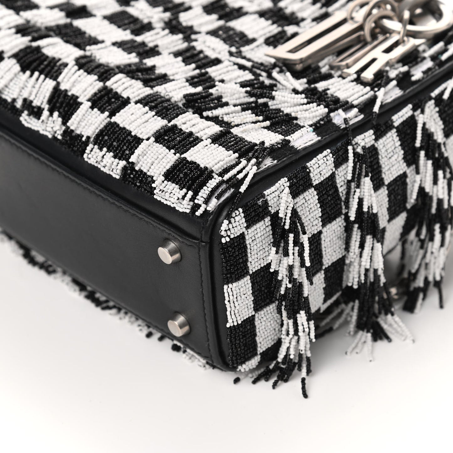 Calfskin Beaded Fringe Checkered Mini Lady Dior Black White