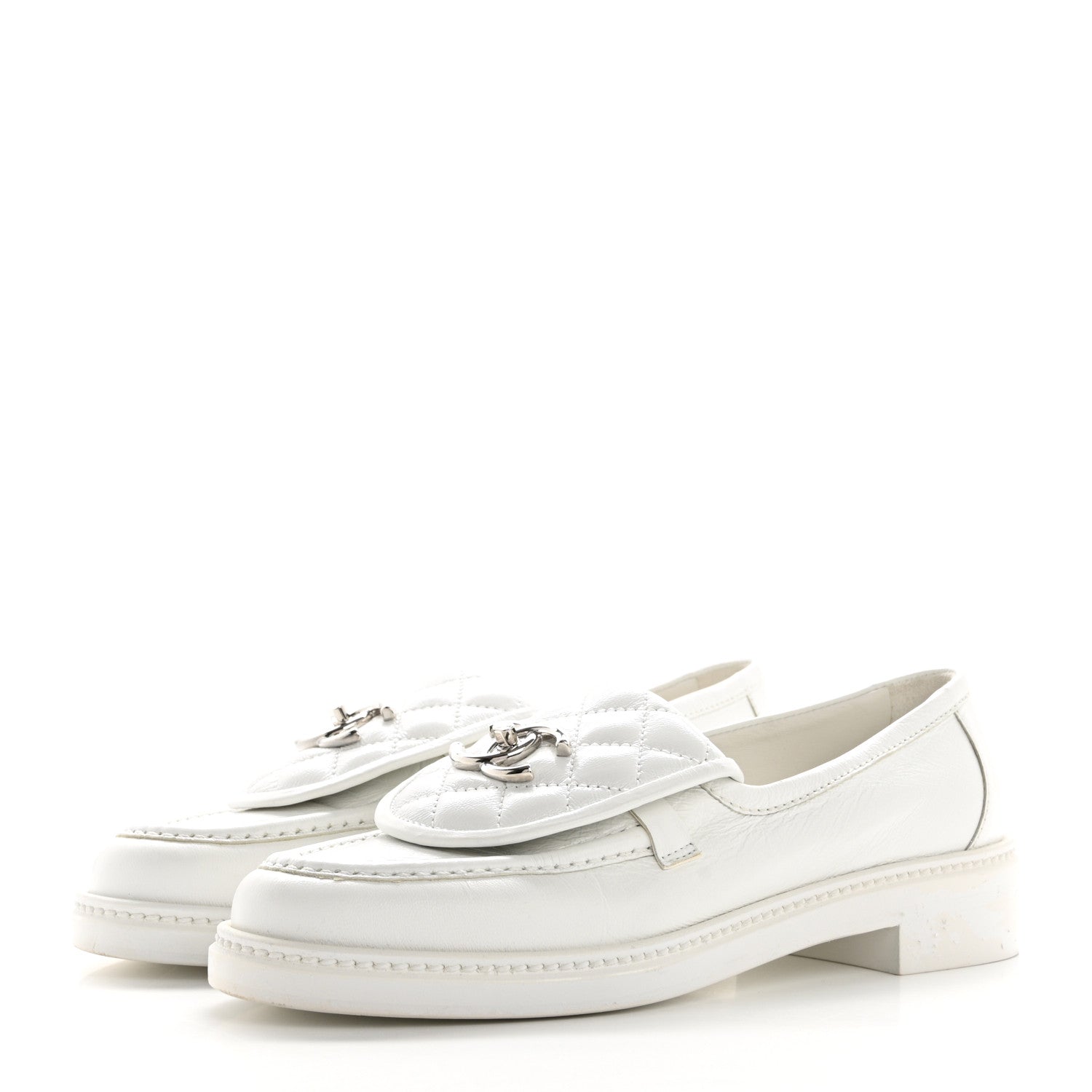 Chanel Shiny Lambskin Quilted CC Turnlock Loafers 37.5 White 4 of 12