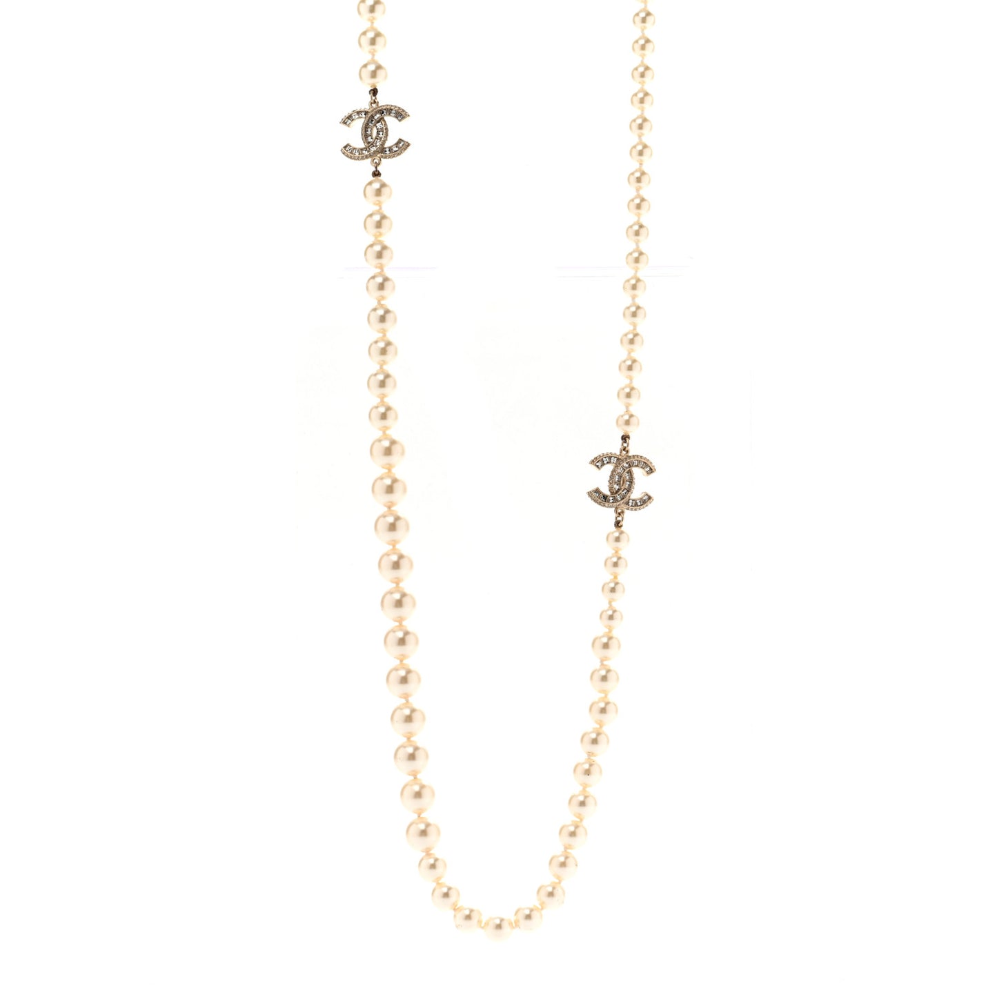 Pearl Baguette Crystal Long CC Necklace Gold