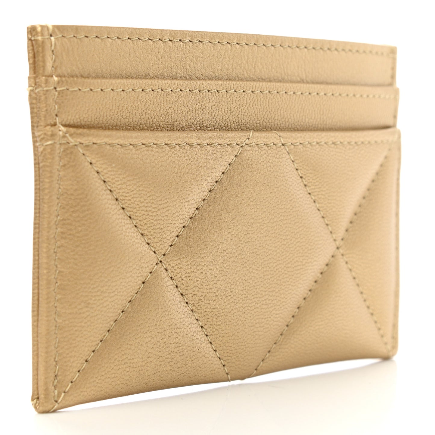 Metallic Goatskin Quilted Chanel 19 Card Holder Gold