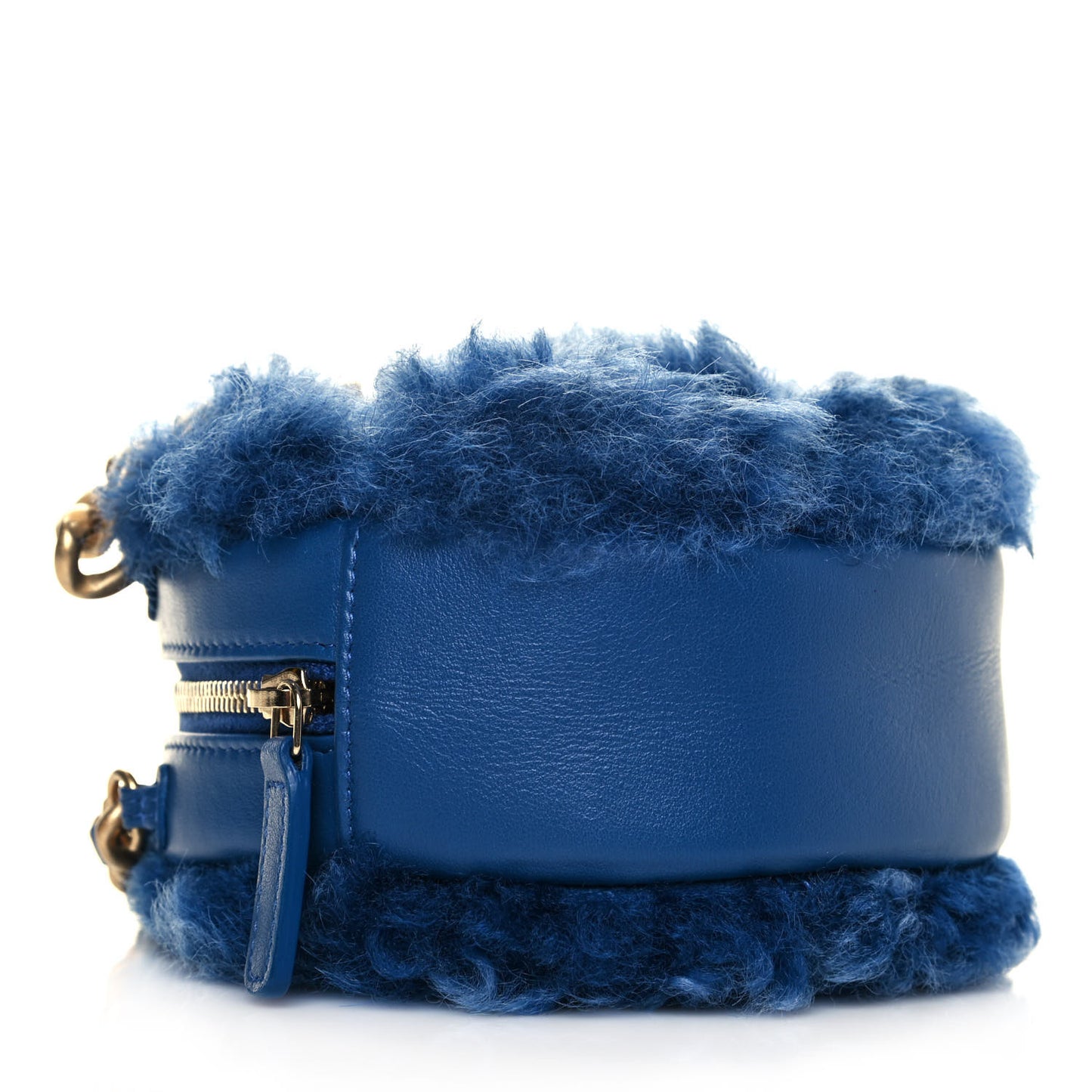Shearling Sheepskin Chanel 19 Round Clutch With Chain Blue