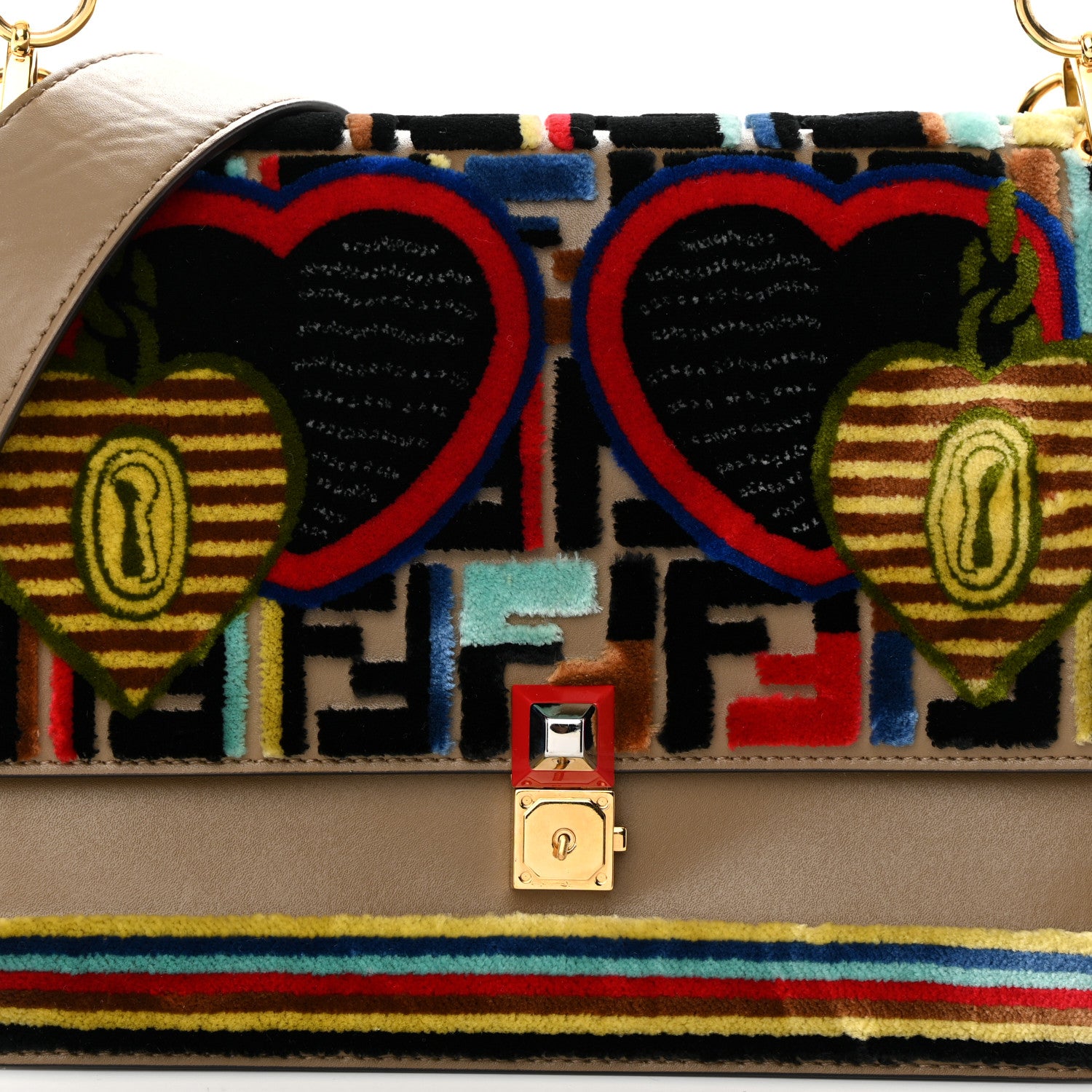 Fendi Vitello Liberty Velvet FF 1974 Hearts Padlock Embroidered Kan I Shoulder Bag Fango Multicolor 8 of 19