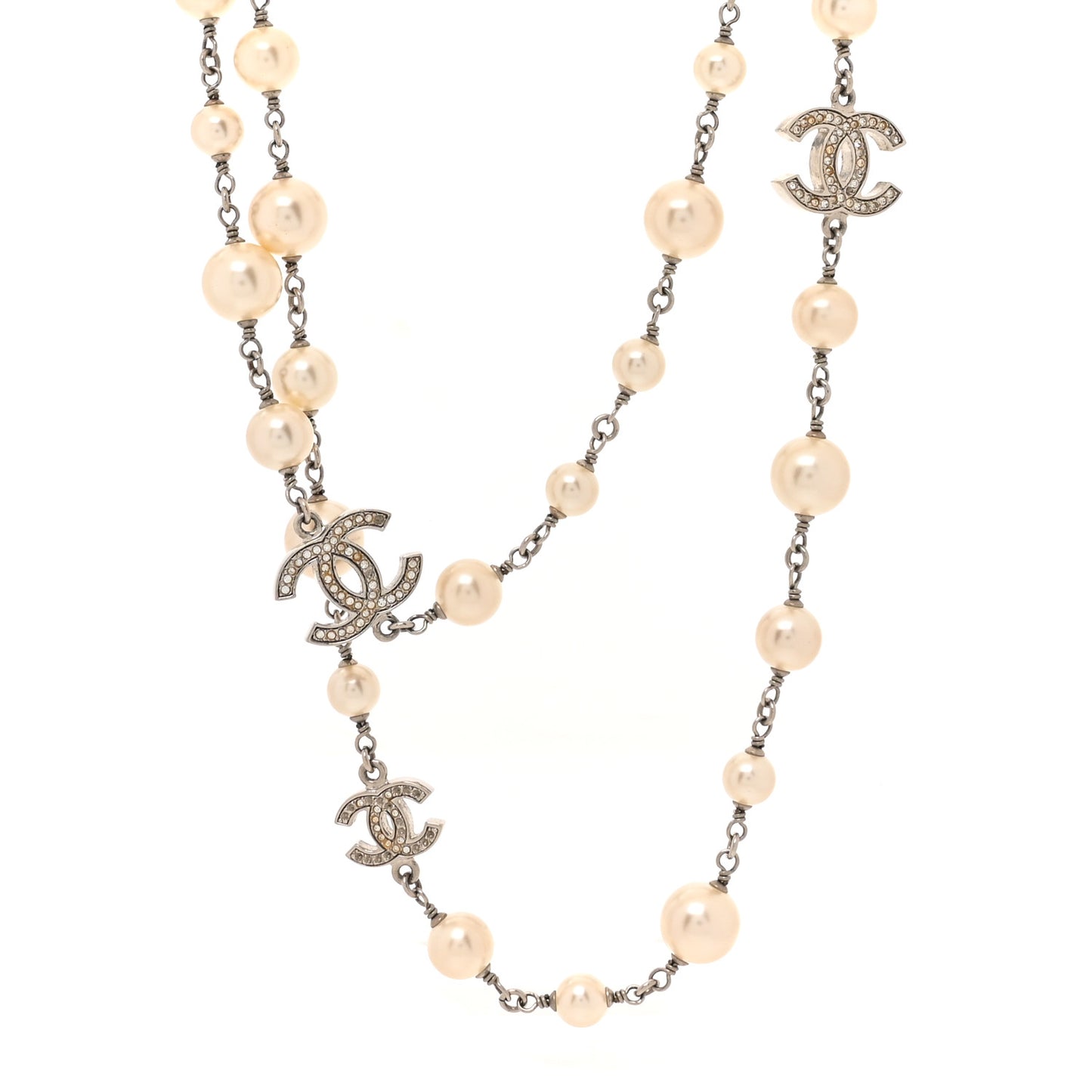 Crystal Pearl CC Long Necklace Silver