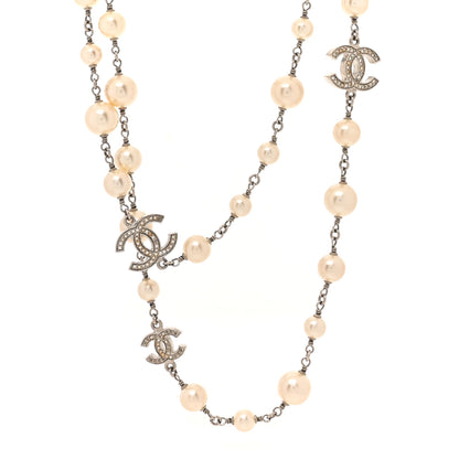 Chanel Crystal Pearl CC Long Necklace Silver 1 of 5