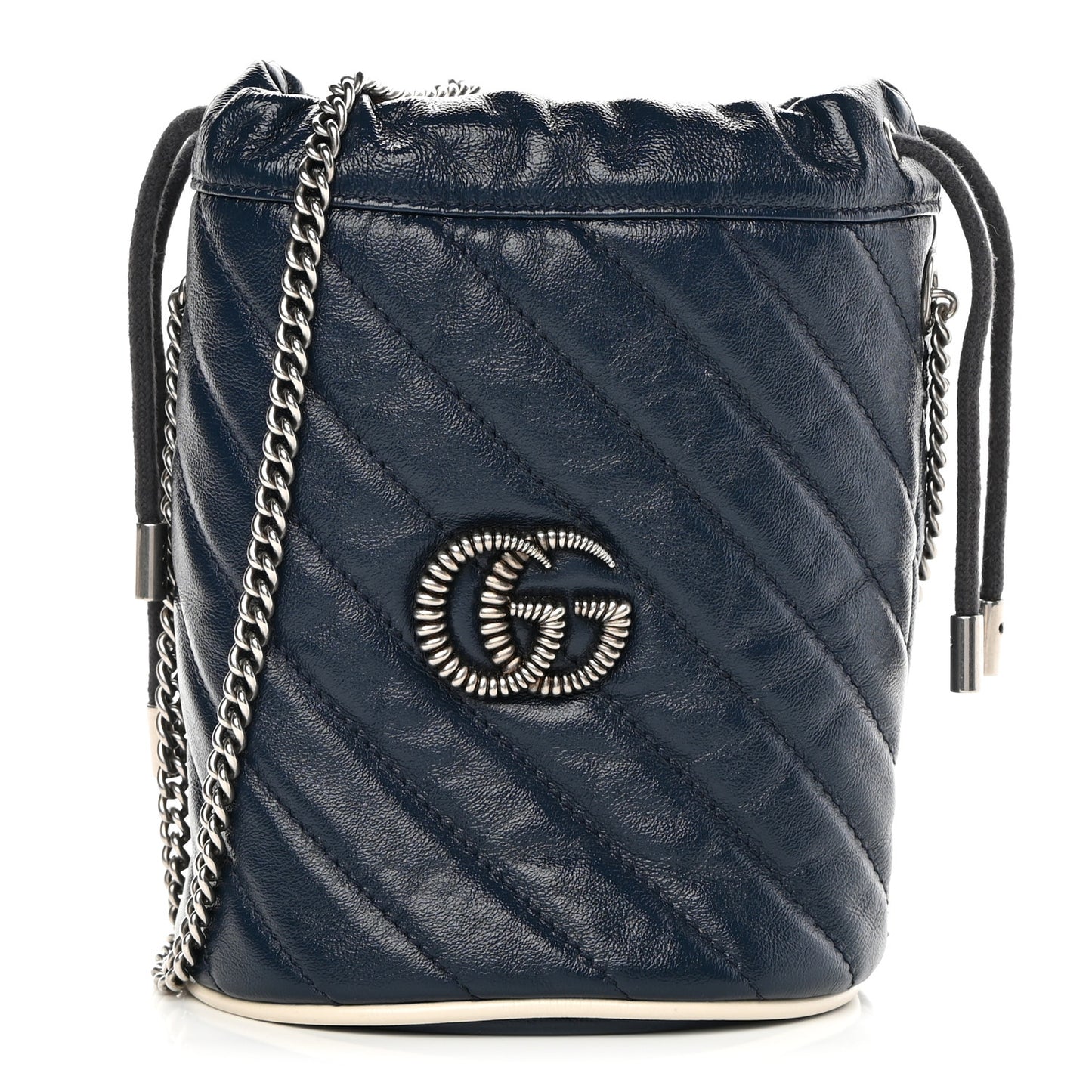 Vintage Effect Calfskin Matelasse Diagonal Mini Torchon GG Marmont 2.0 Bucket Bag Blue Agata Mystic White