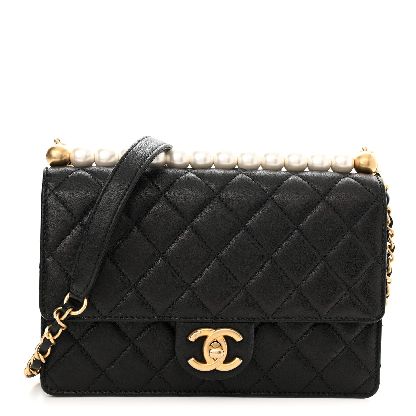 Lambskin Quilted Small Chic Pearls Flap Black