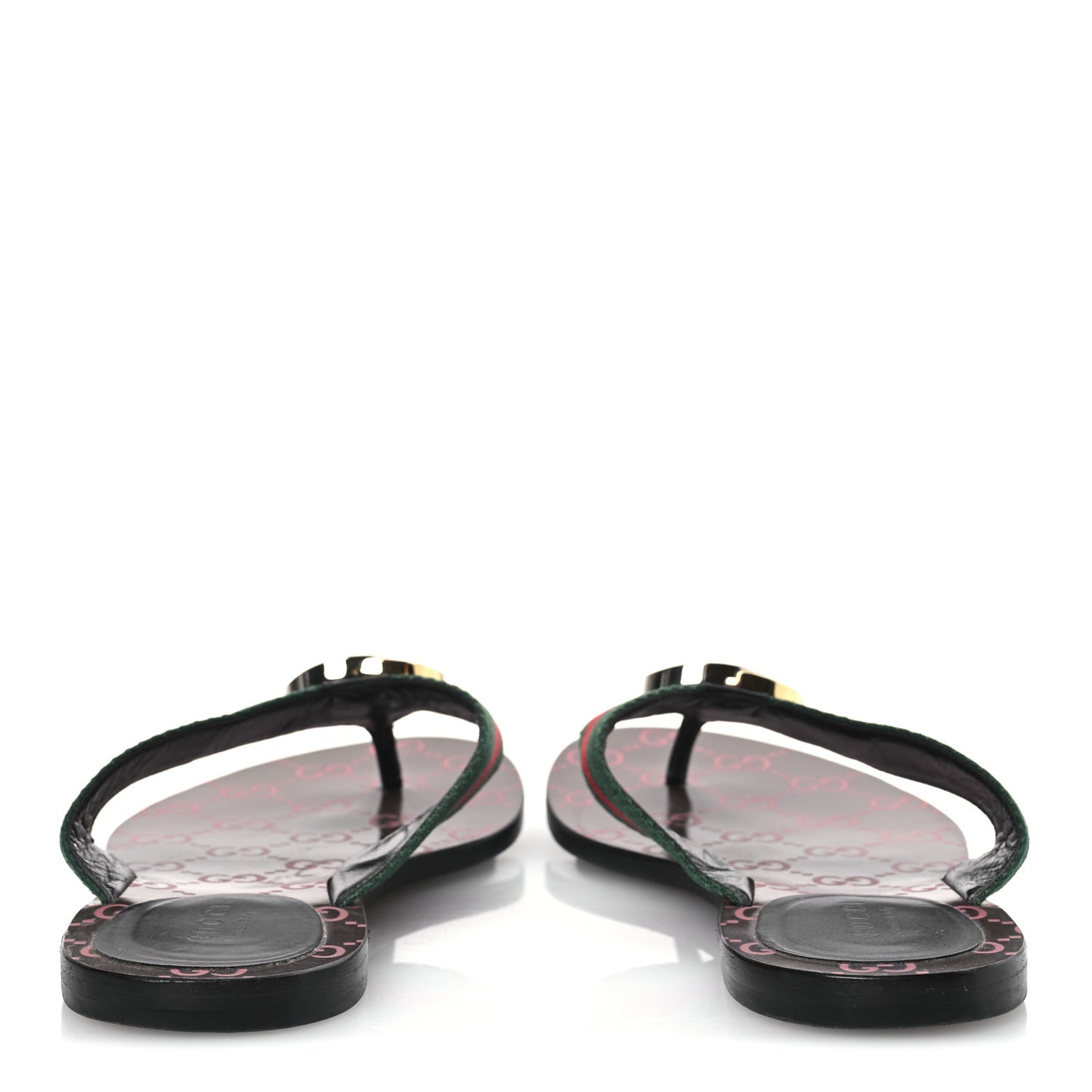 Nylon Calfskin Web GG Monogram Womens Thong Sandals 38 Green Red Cocoa