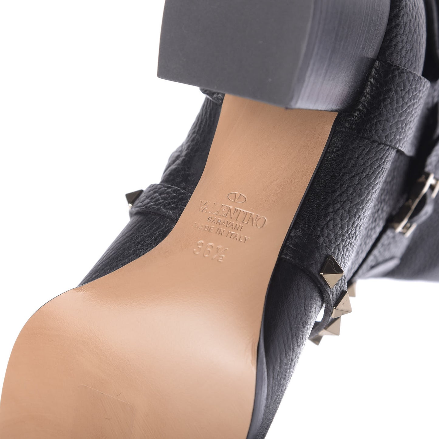 Pebbled Calfskin Rockstud Knee High Block Heel 60mm Boots 36.5 Black