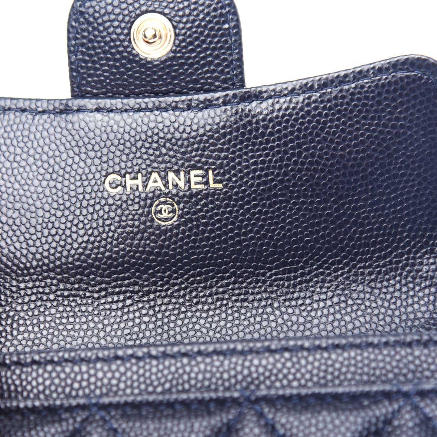 Caviar Quilted Flap Card Holder Wallet Navy Blue