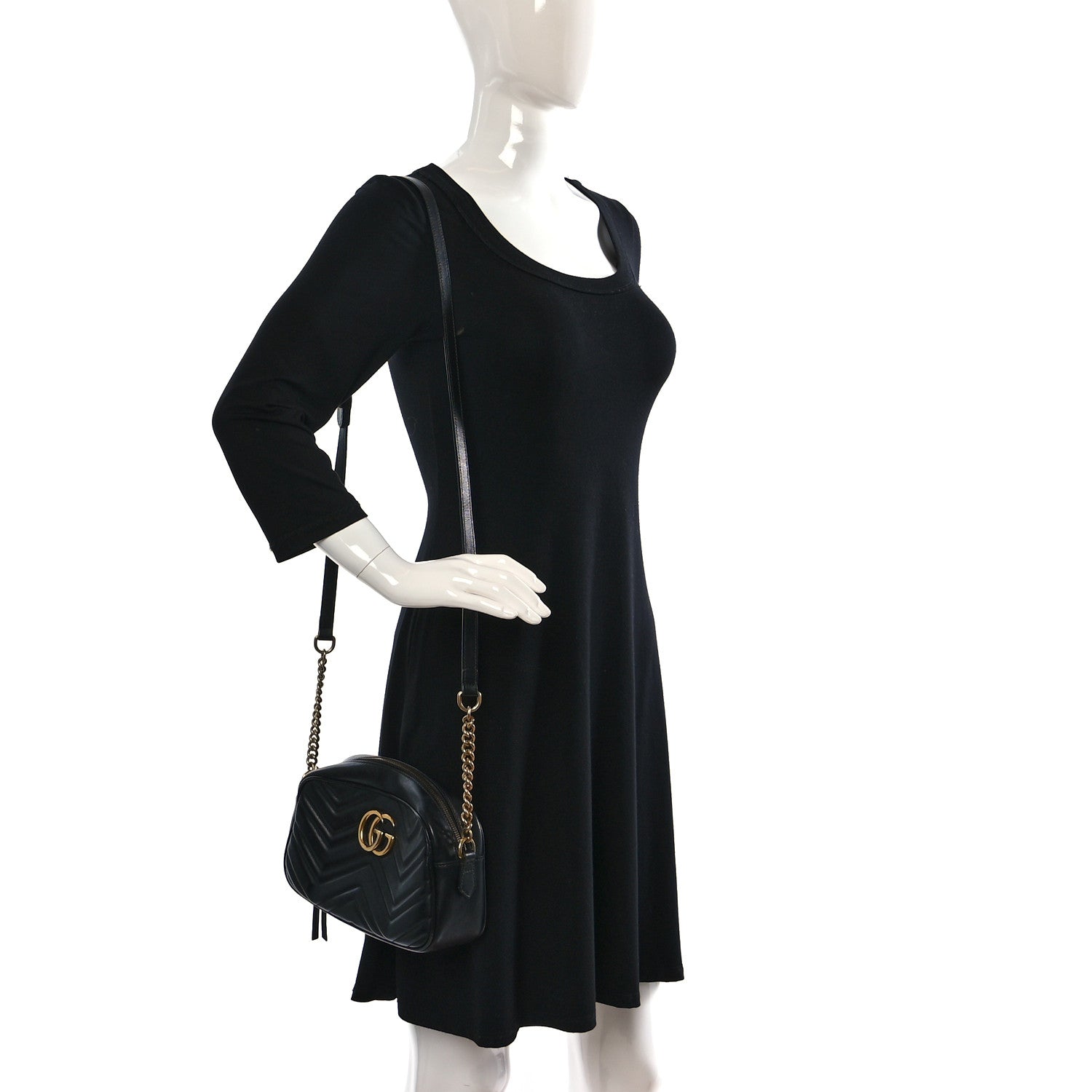 Gucci Calfskin Matelasse Small GG Marmont Chain Shoulder Bag Black 2 of 13