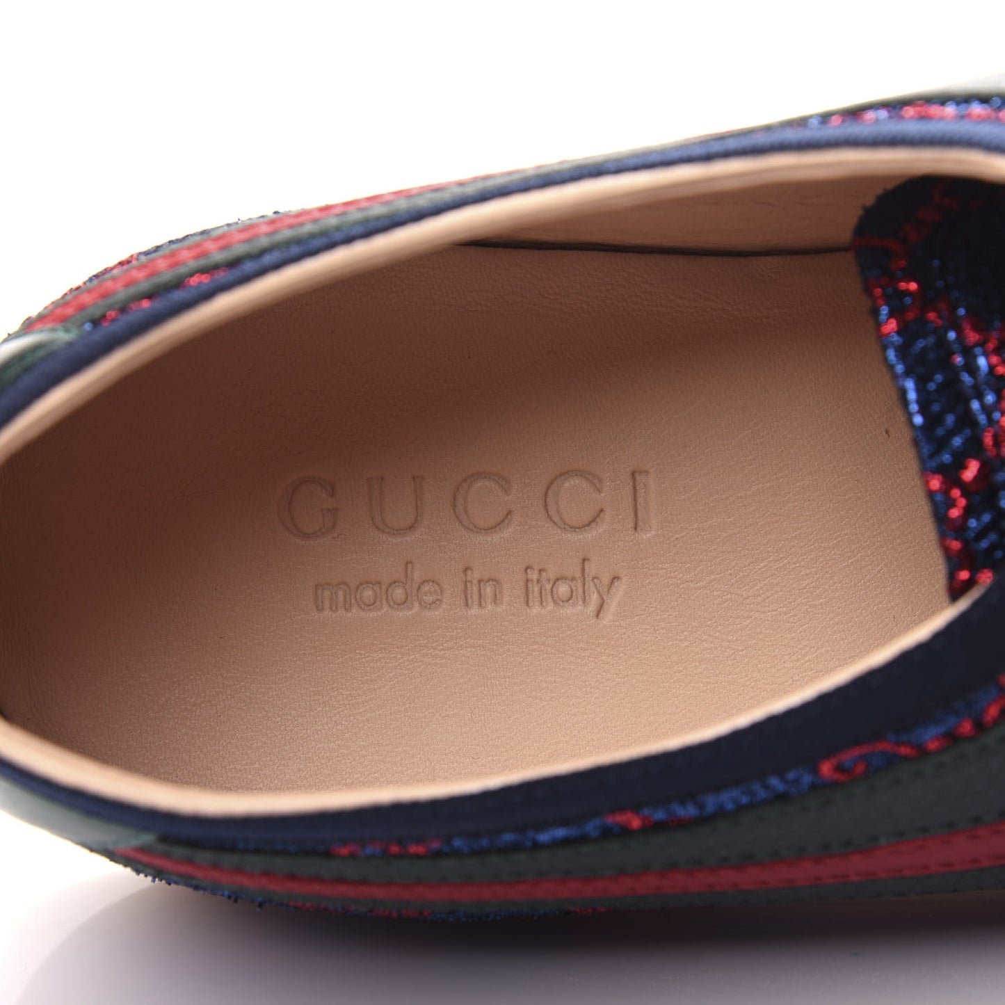 Lurex Calfskin Web GG Monogram Mens Falacer Sneakers 8 Iridescent Blue Iridescent Red Silver