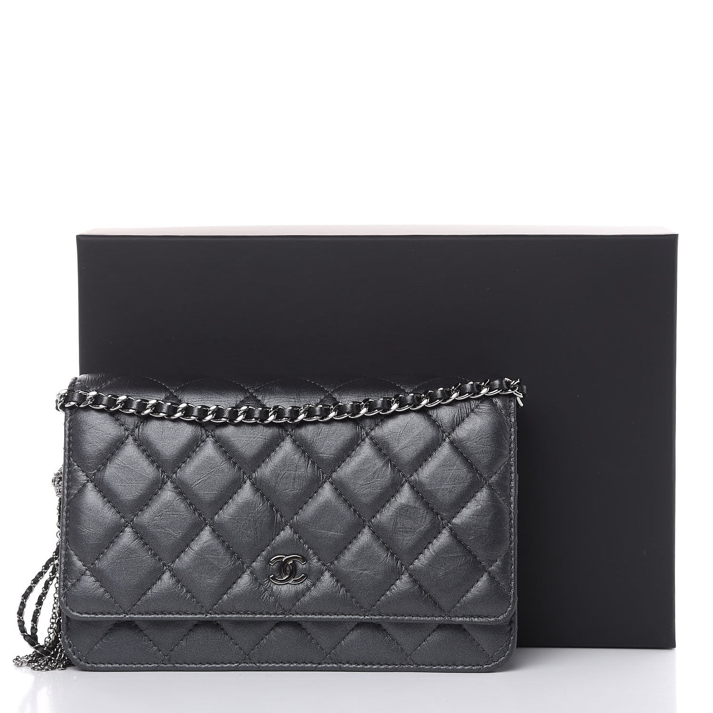 Iridescent Aged Calfskin Quilted Tassel Wallet On Chain WOC Dark Silver