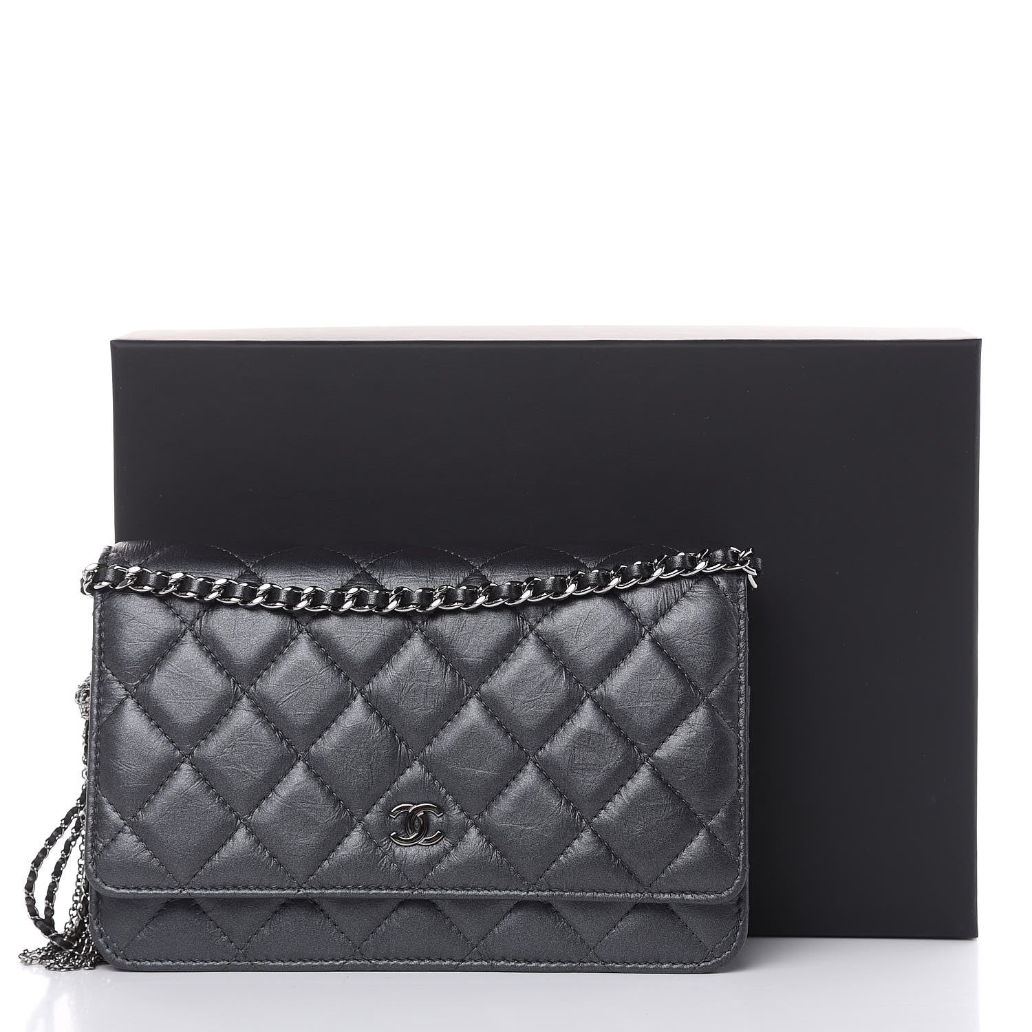 Chanel Iridescent Aged Calfskin Quilted Tassel Wallet On Chain WOC Dark Silver 11 of 12