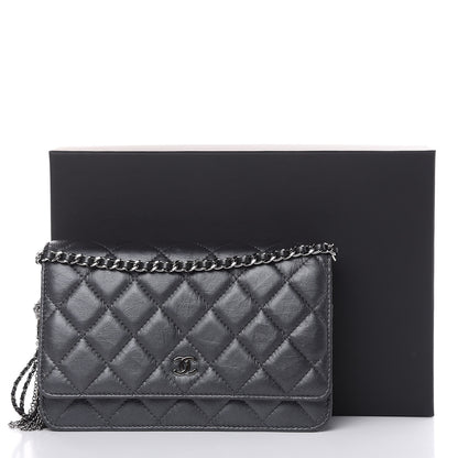 Chanel Iridescent Aged Calfskin Quilted Tassel Wallet On Chain WOC Dark Silver 11 of 12