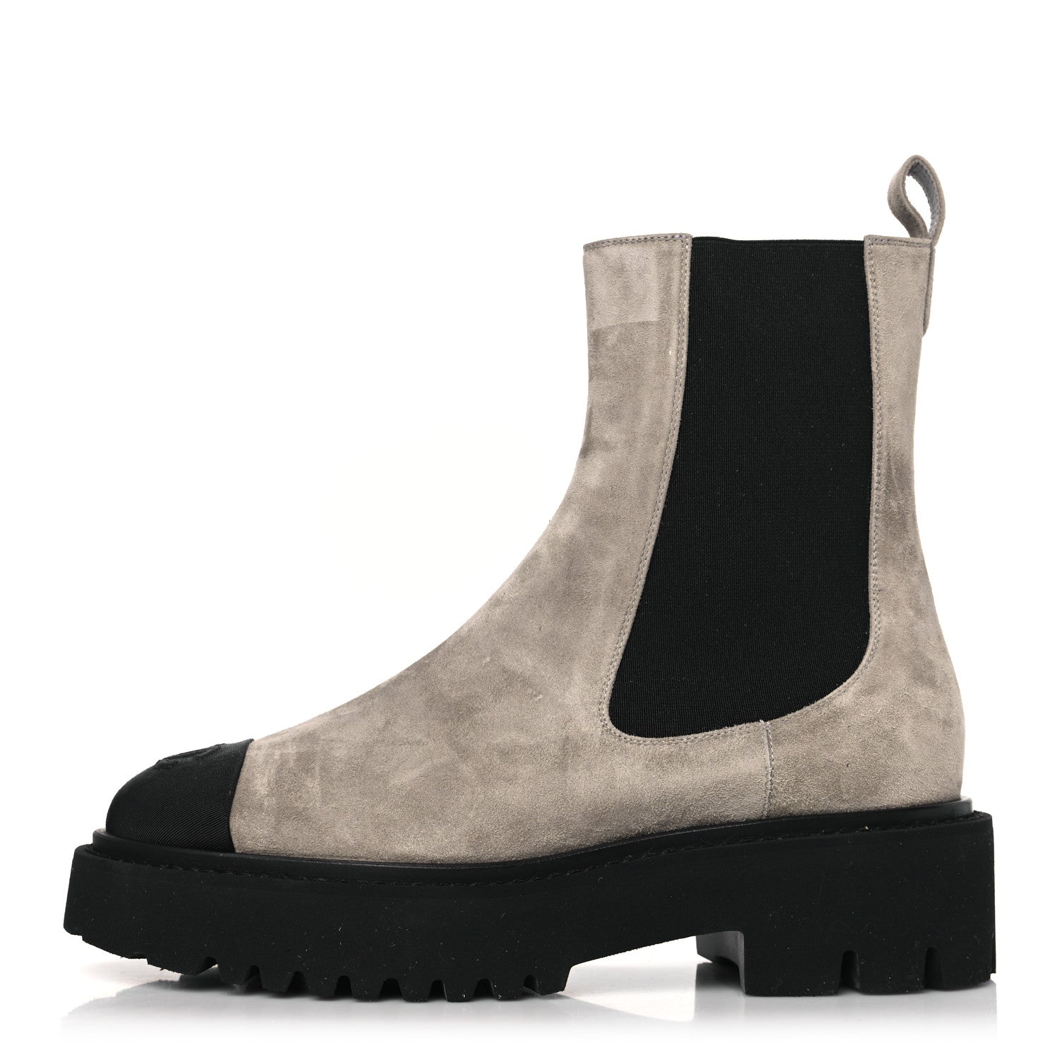Chanel Suede Calfskin Grossgrain Cap Toe CC Ankle Boots 37.5 Light Grey Black 1 of 9