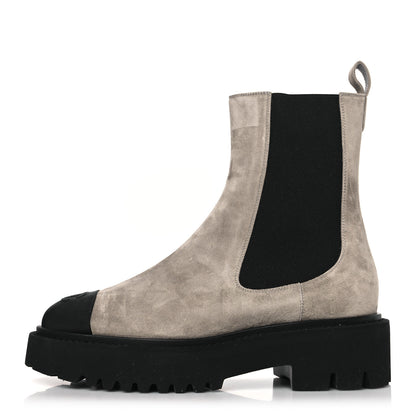Chanel Suede Calfskin Grossgrain Cap Toe CC Ankle Boots 37.5 Light Grey Black 1 of 9