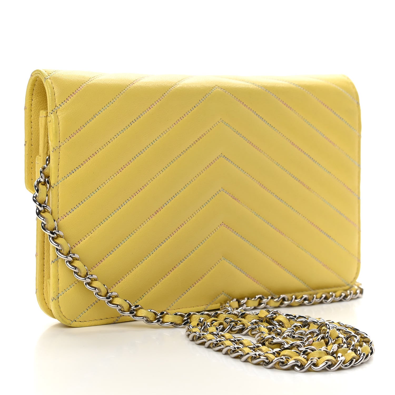 Chanel Lambskin Chevron Quilted Wallet On Chain WOC Yellow 2 of 11