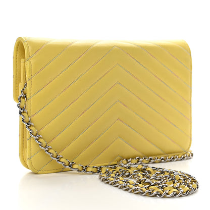 Chanel Lambskin Chevron Quilted Wallet On Chain WOC Yellow 2 of 11