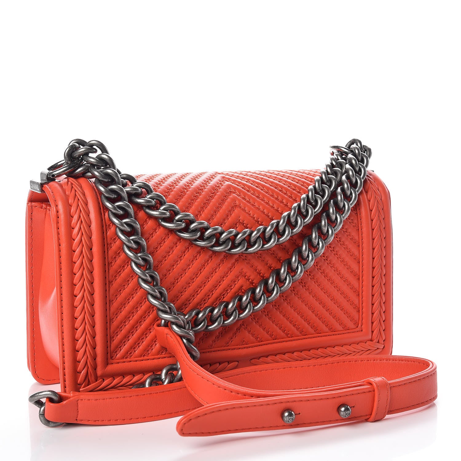 Chanel Calfskin Chevron Quilted Medium Braided Boy Flap Orange 3 of 16